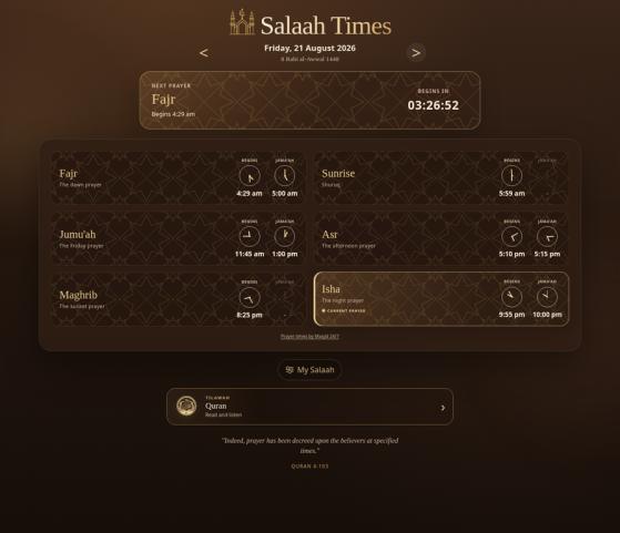 The daily Salah Times timetable on a desktop