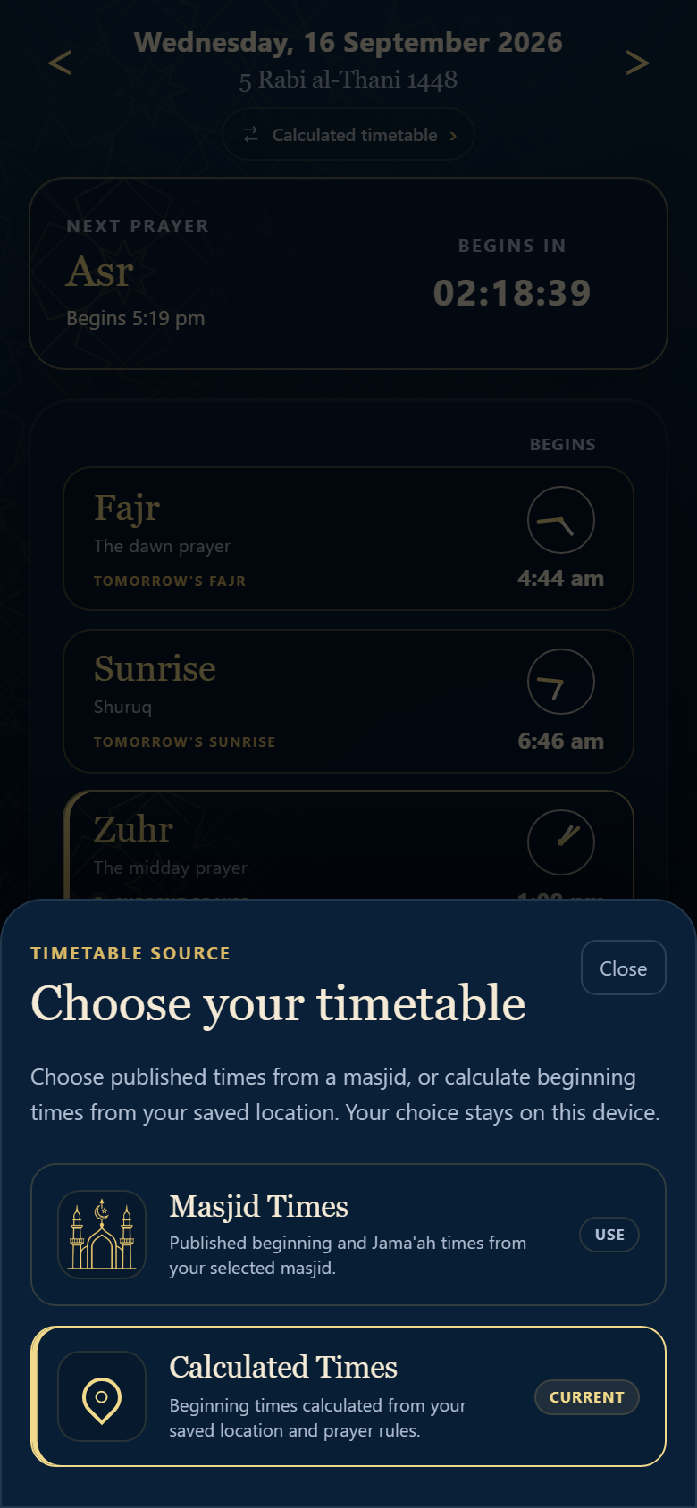 Timetable source chooser as a mobile bottom sheet