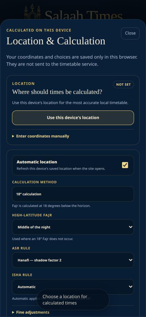 Calculated times location setup on mobile