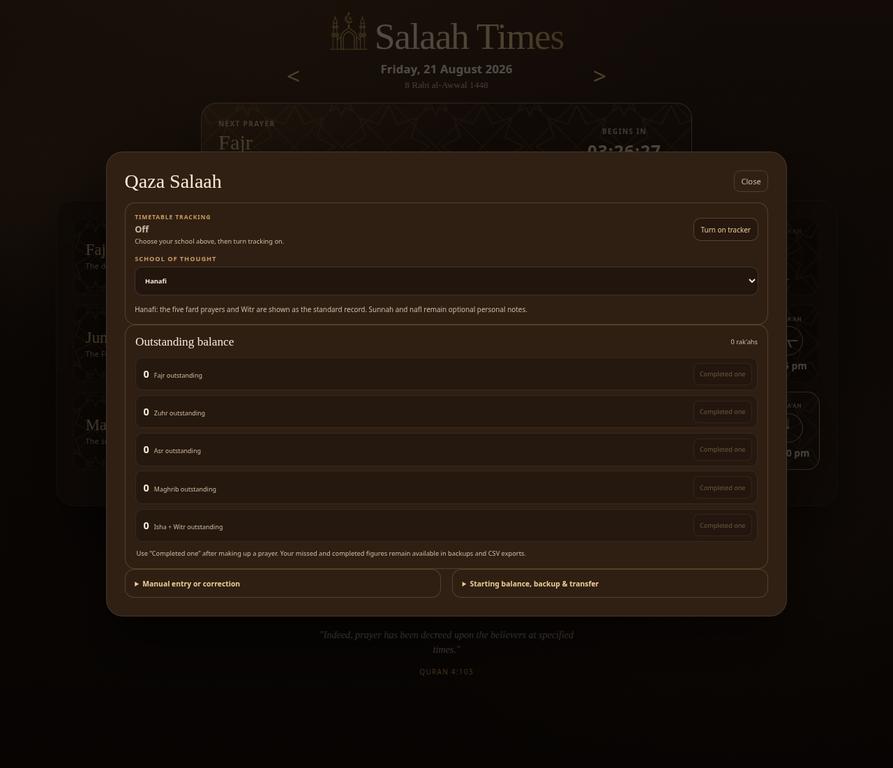Qaza Salaah tracker with balances and backups