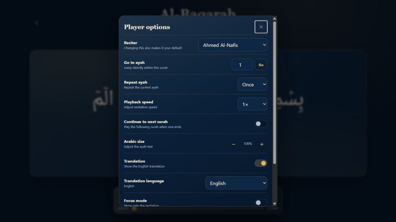 Centred Quran player settings window on desktop