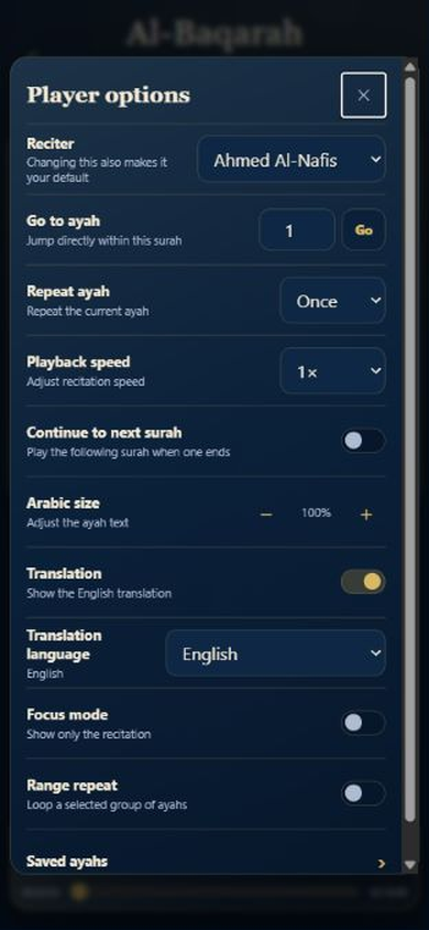 Centred Quran player settings window on mobile