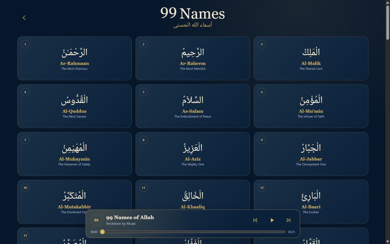 99 Names of Allah page with guided recitation on desktop