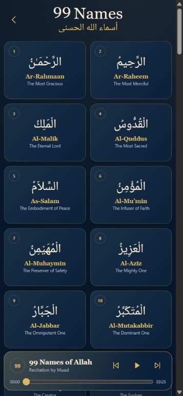 99 Names of Allah guided recitation on mobile
